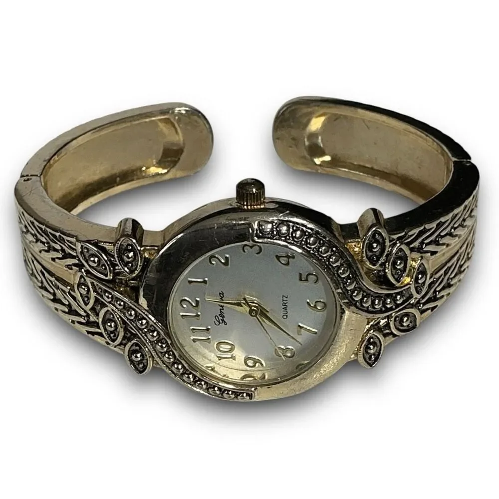 Y2K Vintage Gold Tone Round Face Bangle Cuff Bracelet Watch